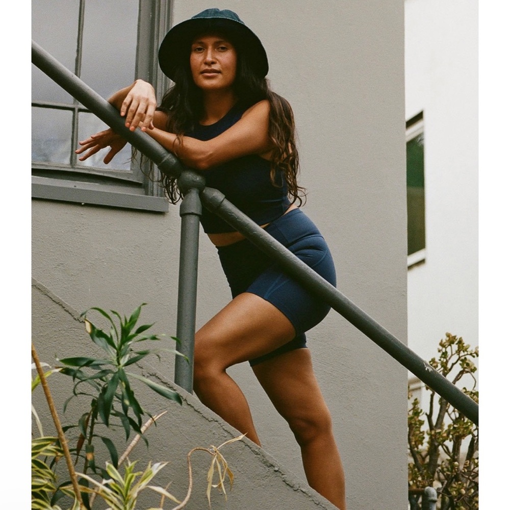 Girlfriend Collective High Rise Run Short in navy size medium